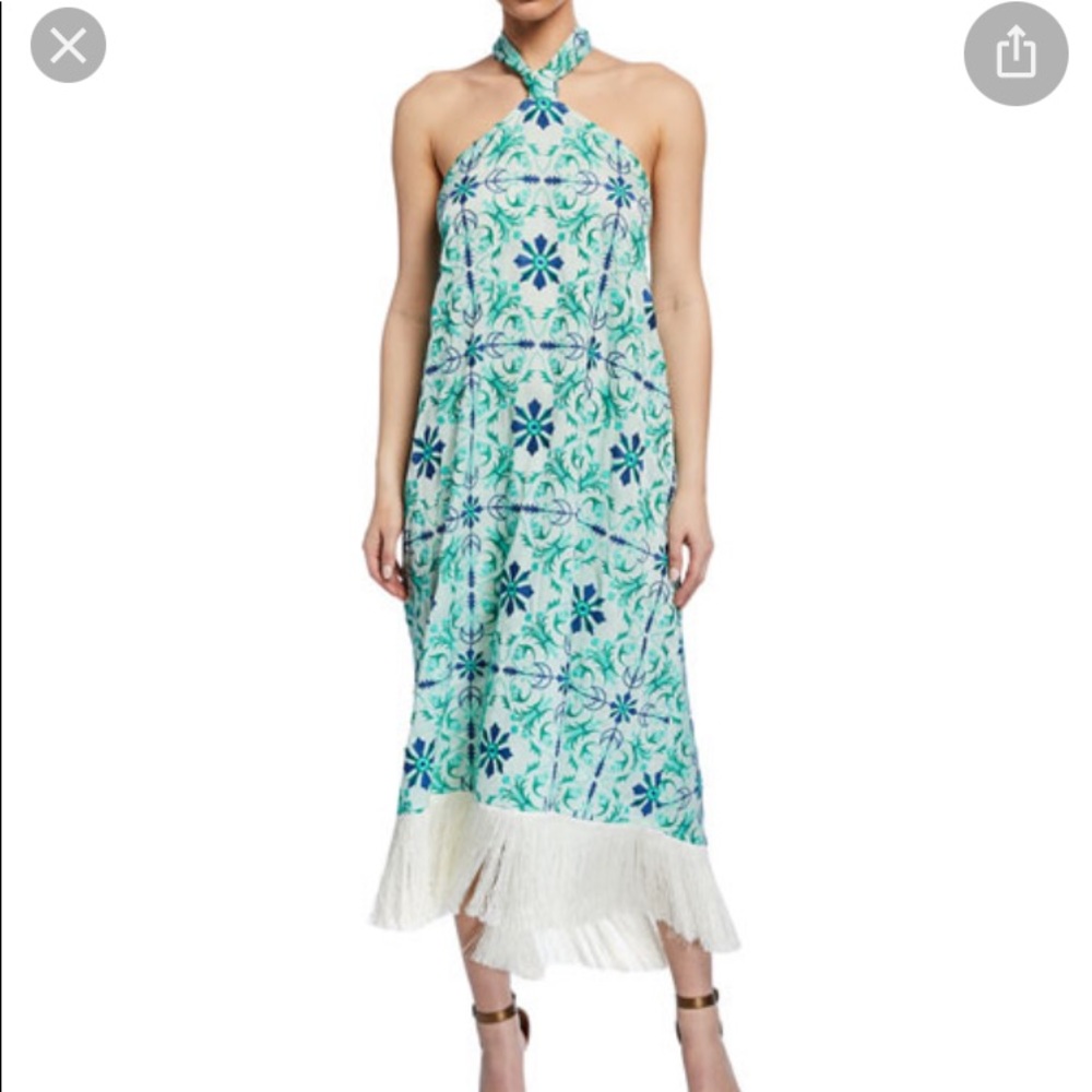 MESTIZA NY sz M Pamplona Patterned mint/cream halter dress long length w/fringe